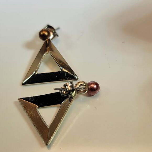Geometric Silver Triangle Earrings with Pink and Gold Pearls, Modern Minimalist - Picture 10 of 10